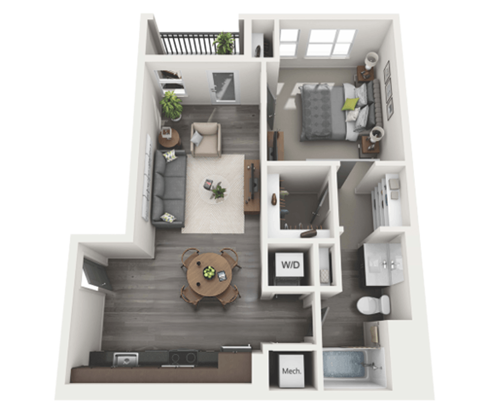 Floor plan for 1 bed, 1 bath, 735 sqft